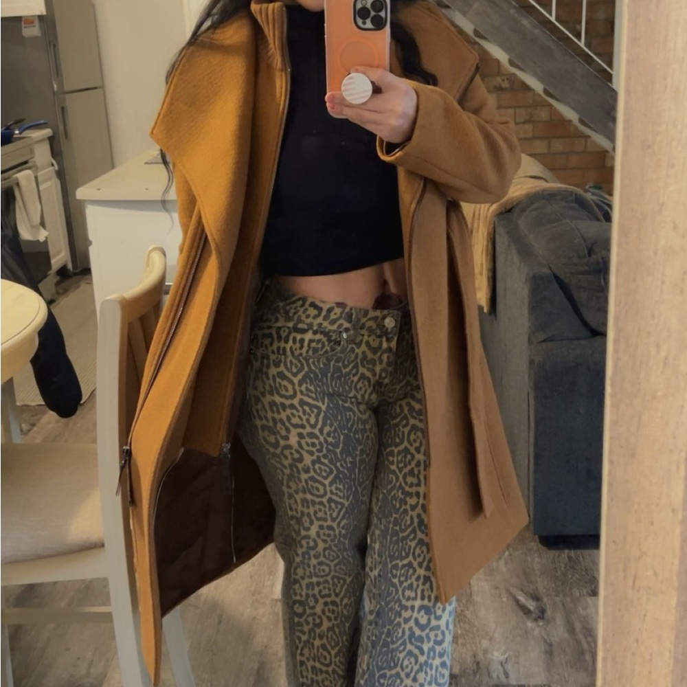 Stylish Tan Coat with Leopard Print Pants